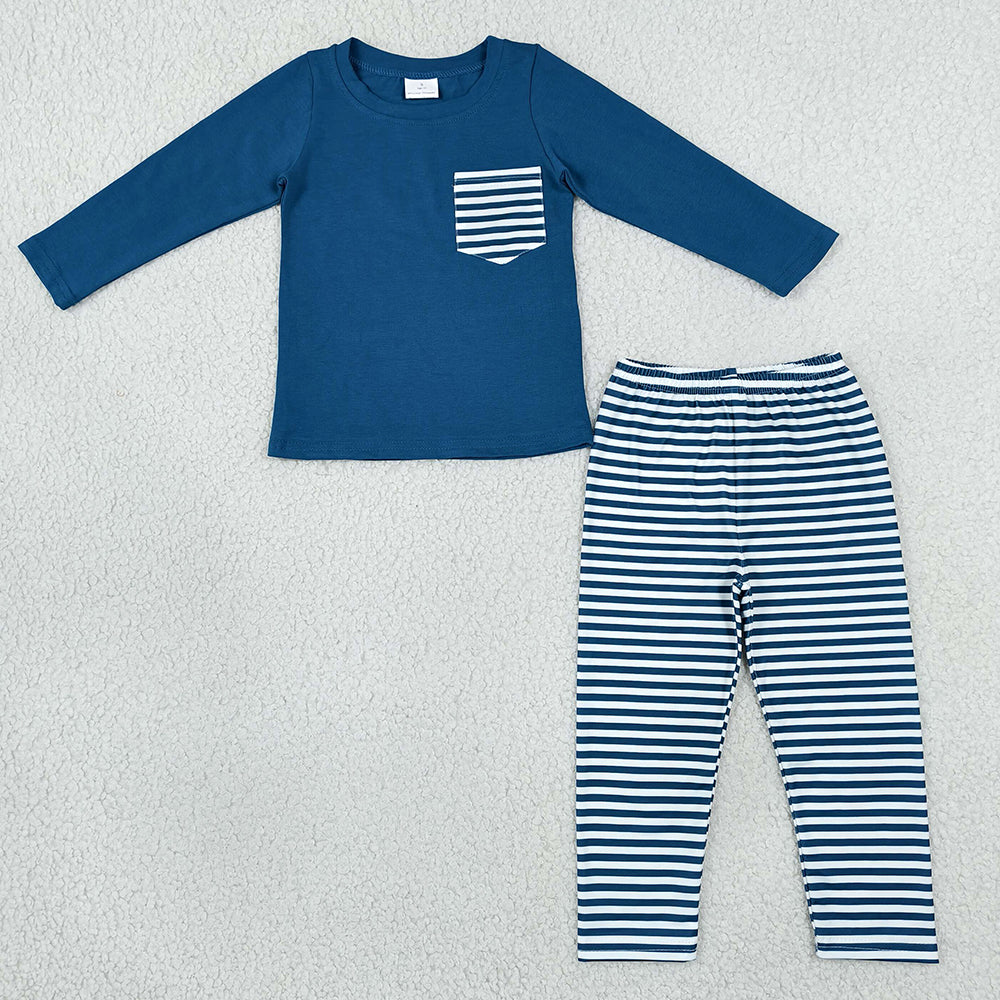 Baby Boys Clothes Navy Long Sleeve Pocket Top Stripe Legging Pants Clothes Set BLP1512