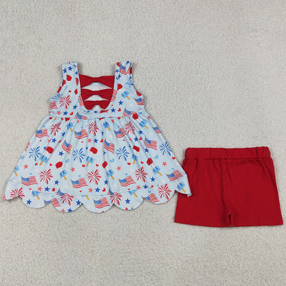 Baby Girls Clothes Popsicle Flags Scallop Back Bow Tunic Shorts 4th of July Clothes Set GSSO3386