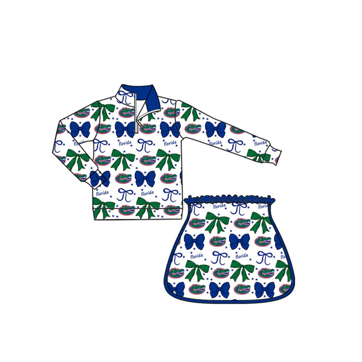 Preorder (moq 5)Baby Girls Green Florida Bows Team Zip Pullovers Skort Team Clothes Sets 8.29