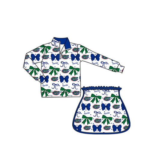 Preorder (moq 5)Baby Girls Green Florida Bows Team Zip Pullovers Skort Team Clothes Sets 8.29