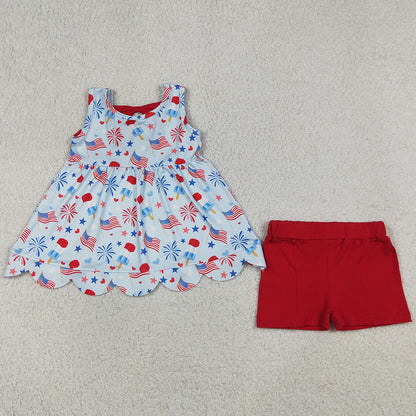 Baby Girls Clothes Popsicle Flags Scallop Back Bow Tunic Shorts 4th of July Clothes Set GSSO3386