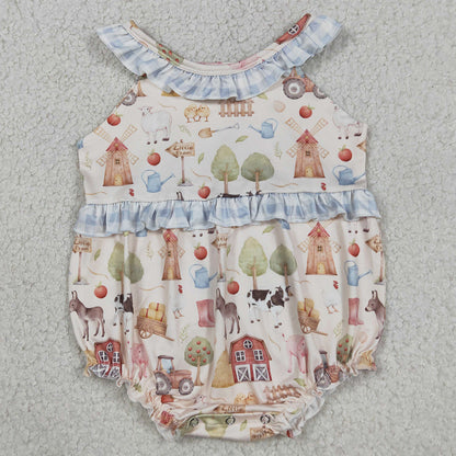 Baby Girls Rompers Sleeveless Pigs Cows Farm Ruffle Rompers SR3852