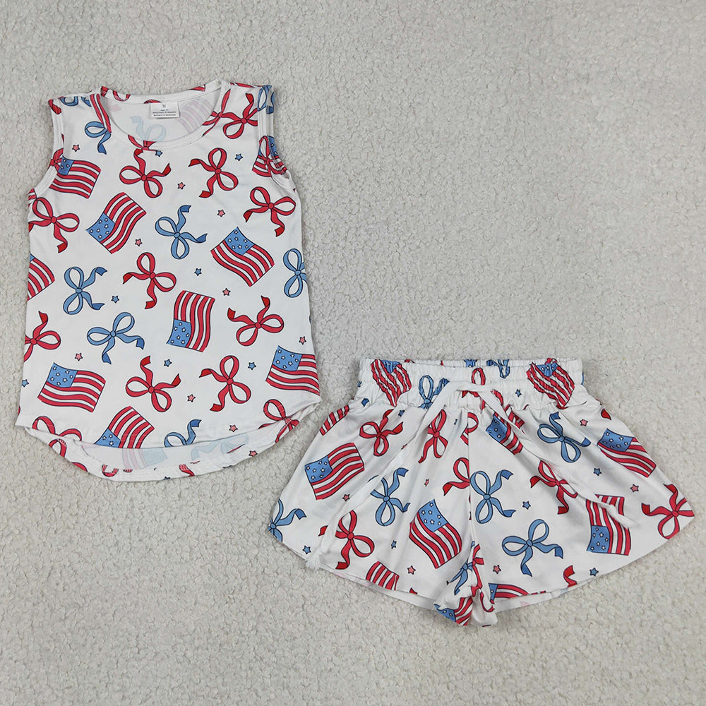 Baby Girls Clothes Red Blue Flags Bows Stars Top Short 4th of July Clothes Sets GSSO3520