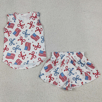 Baby Girls Clothes Red Blue Flags Bows Stars Top Short 4th of July Clothes Sets GSSO3520