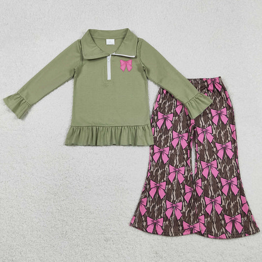 Baby Girls Clothes Embroidery Bows Zip Pullovers Olive Camo Flare Pants Valentines Clothes Set GLP2936 11.22