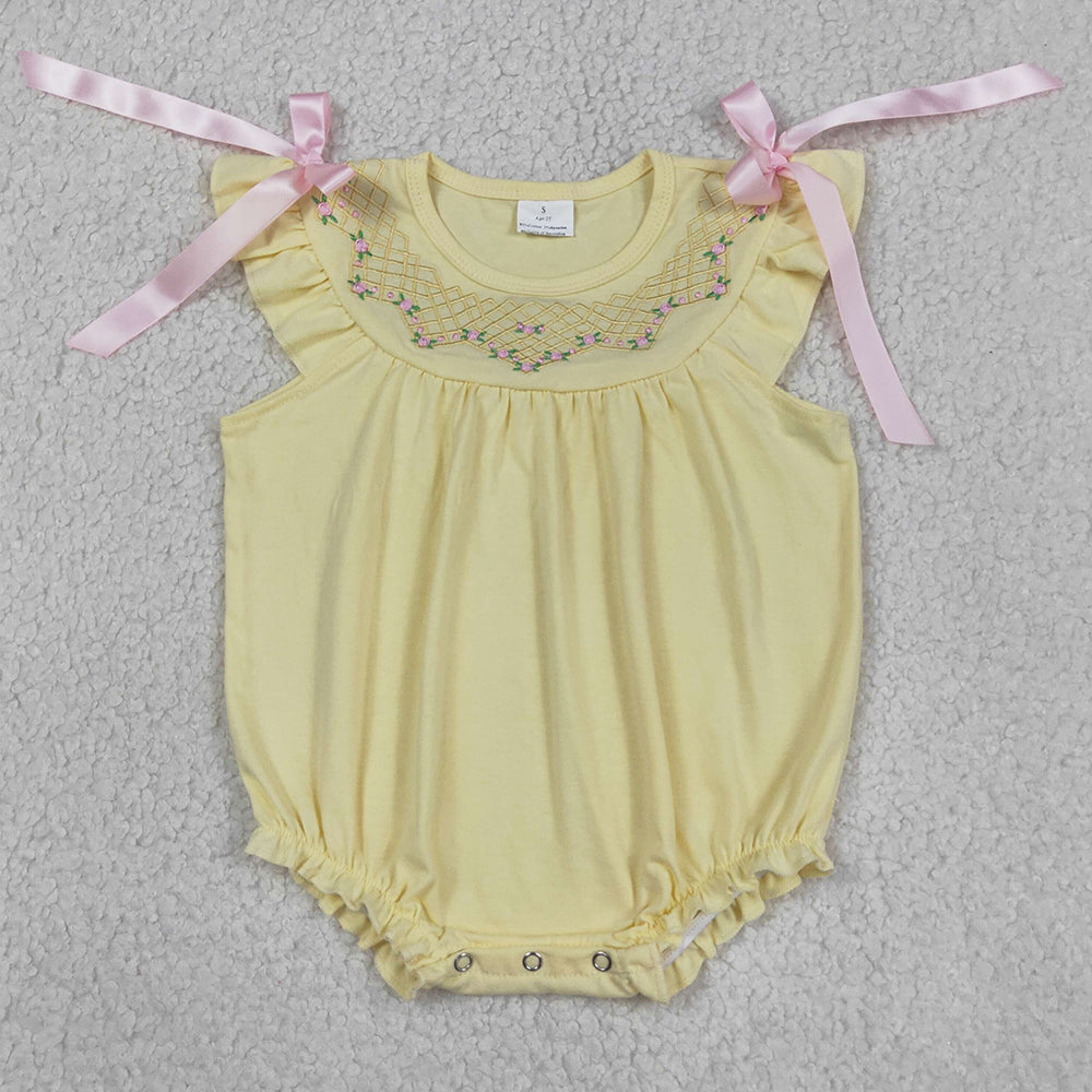 Baby Girls Rompers Embroidery Flowers Checked Bows Flutter Sleeve Ruffle Rompers SR3561