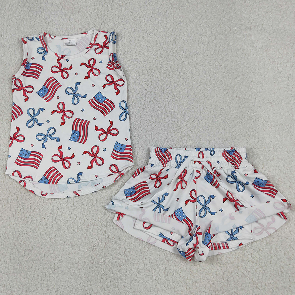 Baby Girls Clothes Red Blue Flags Bows Stars Top Short 4th of July Clothes Sets GSSO3520