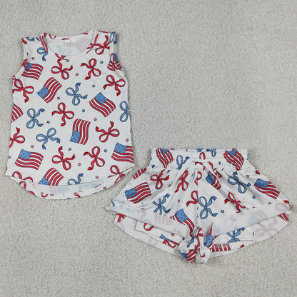 Baby Girls Clothes Red Blue Flags Bows Stars Top Short 4th of July Clothes Sets GSSO3520
