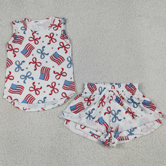 Baby Girls Clothes Red Blue Flags Bows Stars Top Short 4th of July Clothes Sets GSSO3520