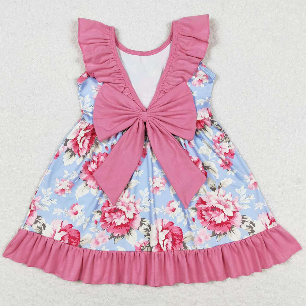 Baby Girls Dress Pink Blue Flowers Bow Back Knee Length Dresses GSD0723