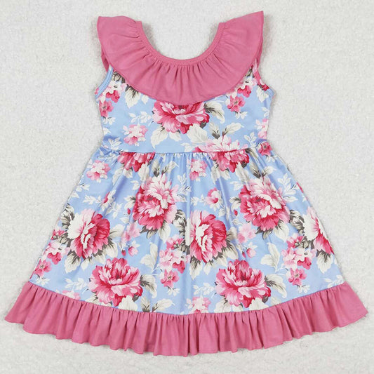 Baby Girls Dress Pink Blue Flowers Bow Back Knee Length Dresses GSD0723