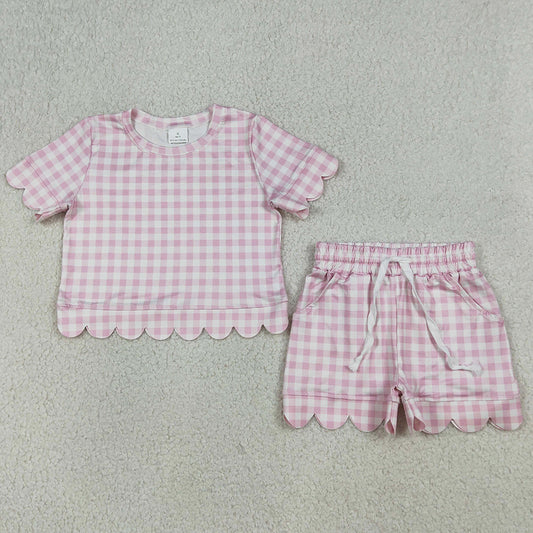 Baby Girls Clothes Short Sleeve Light Pink Checked Top Shorts Scallop Clothes Sets GSSO3183
