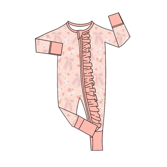 Preorder(moq 5)Baby Infant Girls Pink Bows Flowers Ruffle Zipper Rompers 8.4