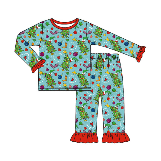 Boutique Baby Girls Pajamas Christmas Tree Cartoon Sleepwear Sets Preorder Moq 5