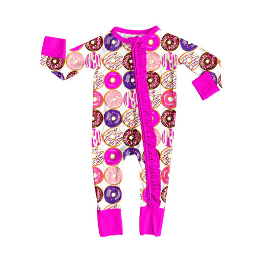 Preorder (moq 8)Baby Girls Colorful Donuts Valentine Ruffle Zipper Footie Rompers 9.6
