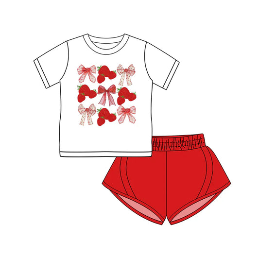 Preorder (moq 5)Baby Girls Short Sleeves Bows Strawberry Top Red Yoga Short Set 4.25