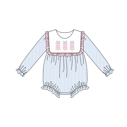 Preorder (moq 5)Baby Girls Long Ruffle Sleeves Light Blue Stripe Trees Bummies Rompers 6.13