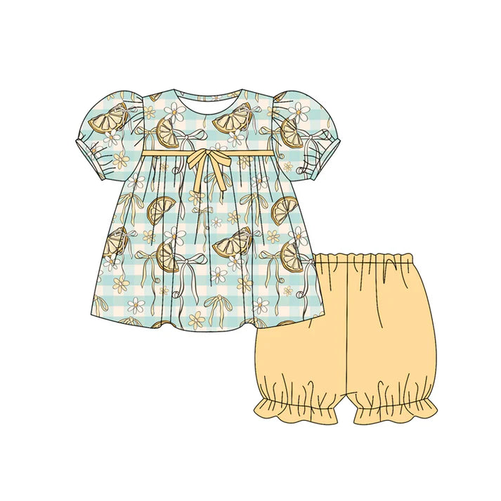 Preorder (moq 5)Baby Girls Short Ruffle Sleeves Stripe Lemons Flowers Top Yellow Shorts Set 5.27