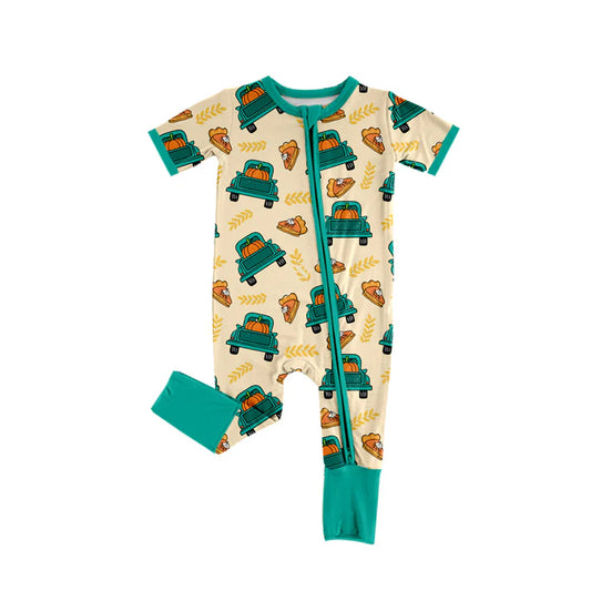 Preorder moq 5 Baby Infant Boys Short Sleeves Truck Pumpkins Pie Plaid Zipper Romper 7.15