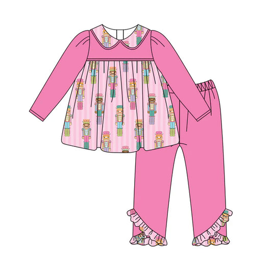 Preorder (moq 5)Baby Girls Hot Pink Long Sleeves Soldier Stripe Tunic Ruffle Pant Sets 5.28
