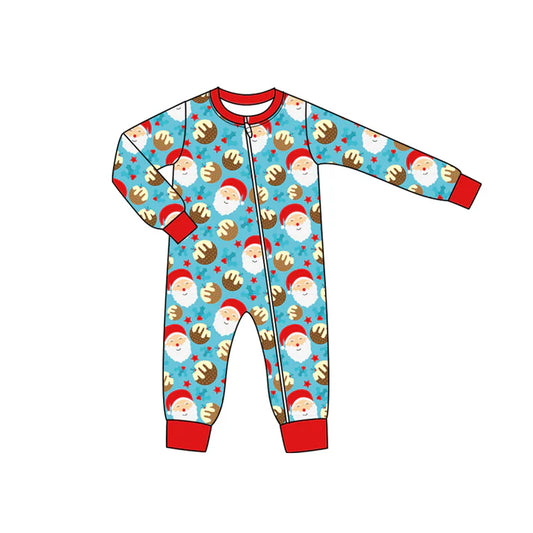Preorder moq 5 Baby Infant Boys Blue Long Sleeves Santa Cookie Stars Plaid Zipper Romper 7.15