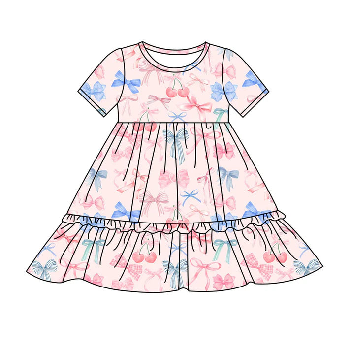 Preorder(moq 8)Baby Girls Blue Pink Bows Cherry Plaid Ruffle Knee Length Dresses 9.25