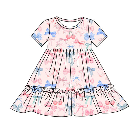 Preorder(moq 8)Baby Girls Blue Pink Bows Cherry Plaid Ruffle Knee Length Dresses 9.25