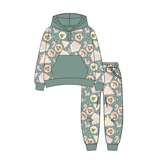 Preorder (moq 5)Baby Boys Long Sleeves Aqua Deer Trees Pocket Button Hoodies Legging Pant Sets 6.11