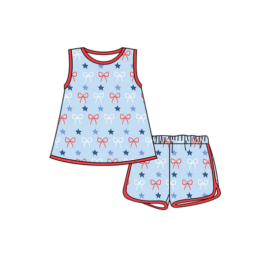 Preorder moq 5 Baby Boys Blue Sleeveless Blue Red Bows Stars Top Short 4th Of July Set 4.23