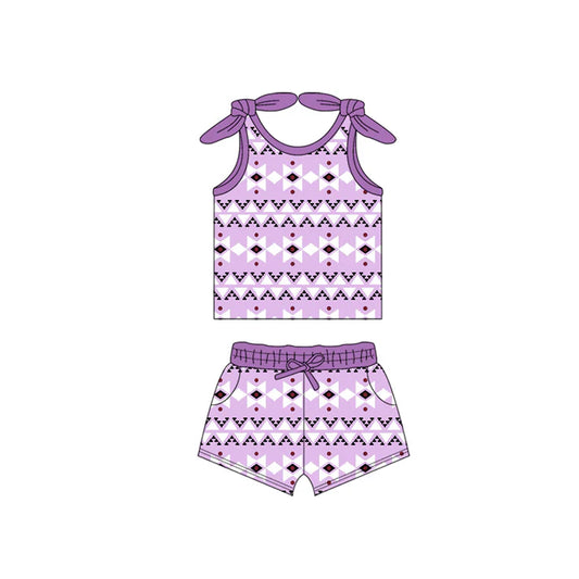 Preorder moq 5 Baby Girls Bows Sleeveless Purple Aztec Top Pockets Short Set 4.15