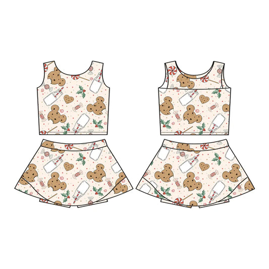 Preorder (moq 5)Baby Girls Sleeveless Mouse Cookie Milk Holly Vests Top Skorts Set 7.16
