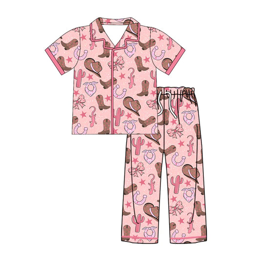 Preorder (moq 8)Baby Kids Short Sleeve Hats Boots Cactus Button Top Pants Western Pajamas Sets 9.19