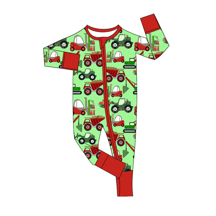 Preorder (moq 5)Baby Boys Long Sleeves Green Excavators Plaid Zipper Rompers 5.16