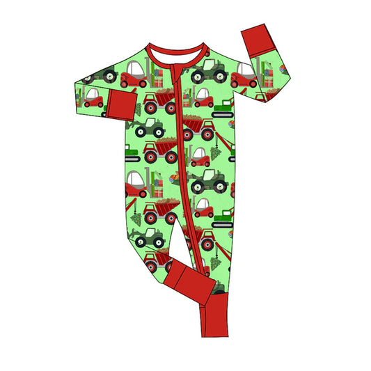 Preorder (moq 5)Baby Boys Long Sleeves Green Excavators Plaid Zipper Rompers 5.16