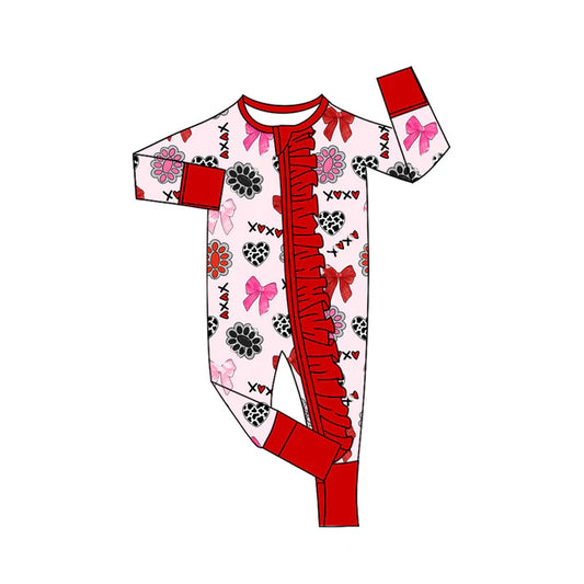Preorder (moq 8)Baby Girls Turquoises Hearts XOXO Valentine Ruffle Zipper Footie Rompers 9.20