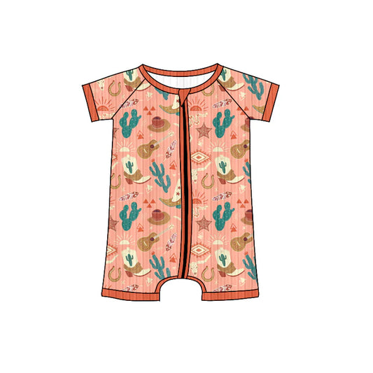 Preorder (moq 5)Baby Boys Peach Short Sleeves Guitars Cactus Zipper Shorts Rompers 6.4