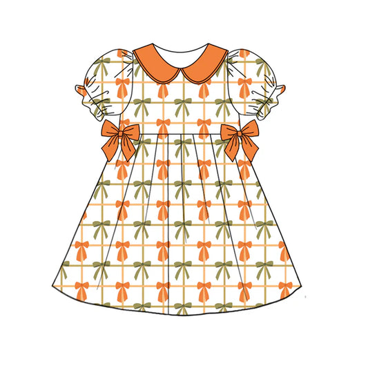 Preorder (moq 5)Baby Girls Orange Short Ruffle Sleeves Colorful Bows Plaid Knee Length Dresses 4.24