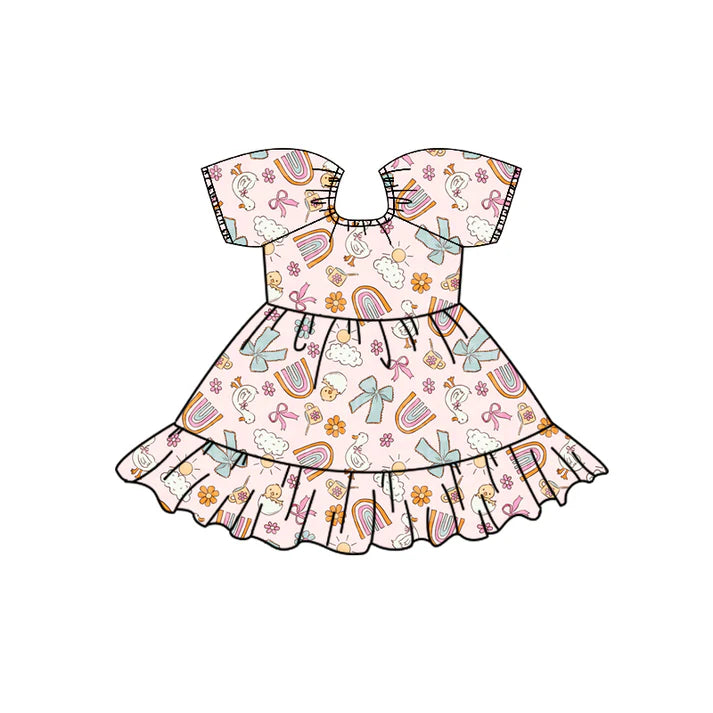 Preorder (moq 5)Baby Girls Gooses Rainbows Flowers Bows Ruffle Knee Length Dresses 12.2