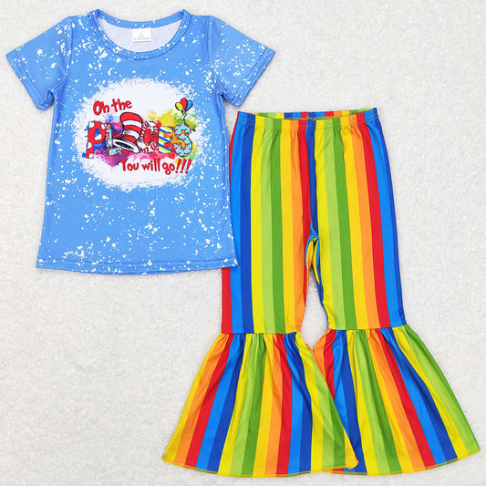 Baby Girls Clothes Short Sleeve Bell Rainbow Stripes Pants Sets