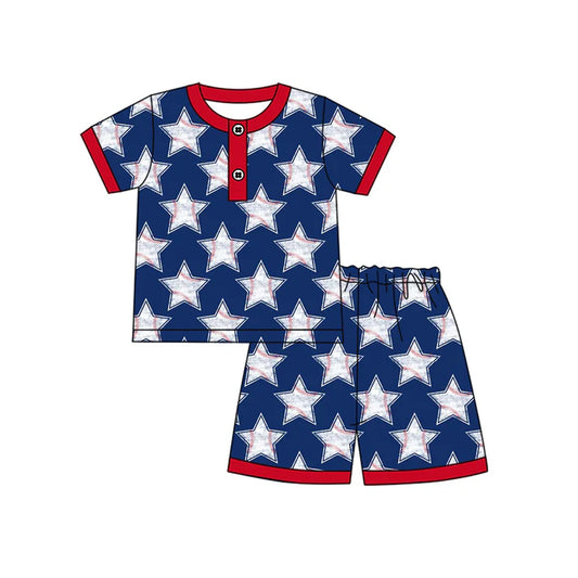 Preorder moq 5 Baby Boys Blue Short Sleeves Baseballs Stars Button Top Short Pajamas Set 4.12