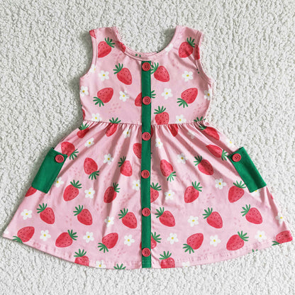 Boutique Baby Girl Dress Strawberry Print Cute Girl Dresses with Pocket GSD0037