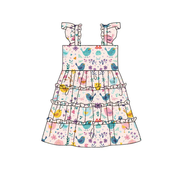 Preorder(moq 5) Baby Girls Colorful Birds Floral Patchwork Knee Length Dresses 10.29