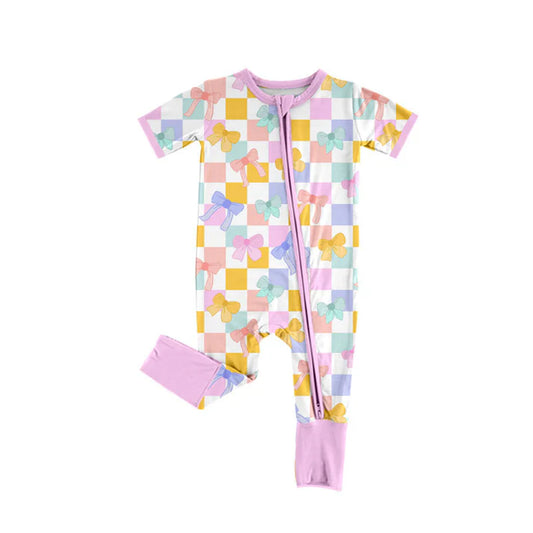 Preorder(moq 8)Baby Girls Colorful Bows Checked Zipper Footie Rompers 9.29