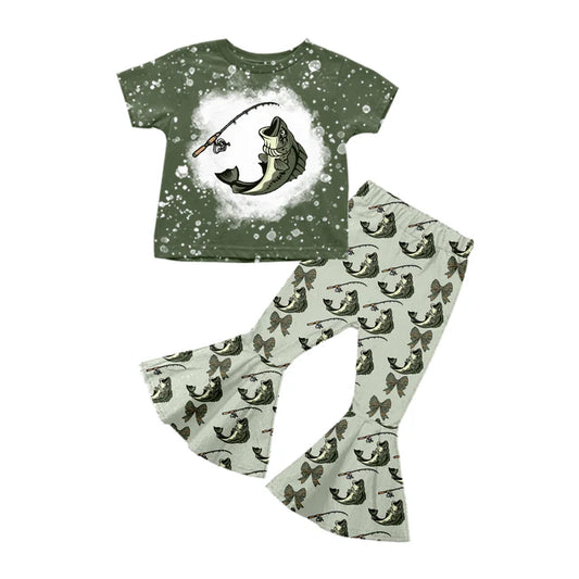 Preorder (moq 5)Baby Girls Green Short Sleeves Fishing Bows Top Bell Bottom Pant Set 5.12