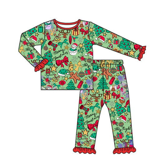 Preorder(moq 5) Baby Girls Long Ruffle Sleeves Santa Gingerbread Top Pants Pajamas Set 7.22