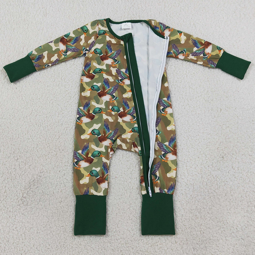 Baby Boys Rompers Green Camo Ducks Hunting Two Way Zip Convertible Rompers LR3249