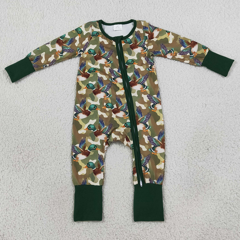 Baby Boys Rompers Green Camo Ducks Hunting Two Way Zip Convertible Rompers LR3249