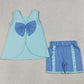 Baby Girls Clothes Blue Sleeveless Back Bows Tunic Ruffle Shorts Clothes Sets GSSO3463