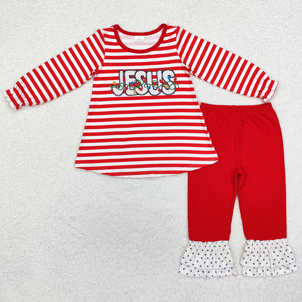 Baby Girls Clothes Christmas Stripes Jesus Tunic Top Ruffle Pants Sets GLP1392