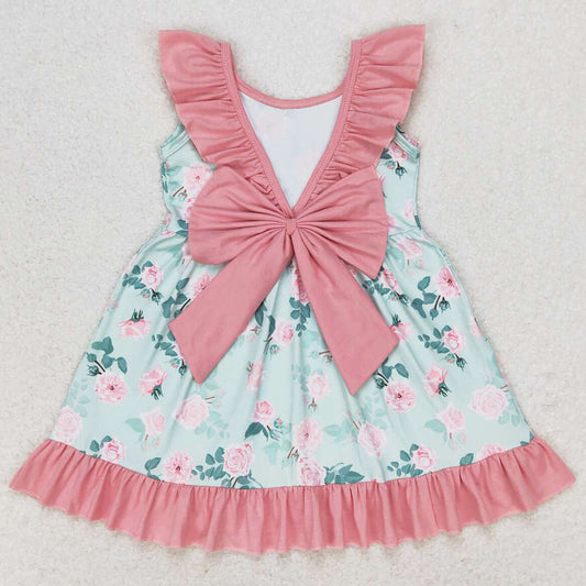 Baby Girls Dress Green Flowers Bow Back Knee Length Dresses GSD0722